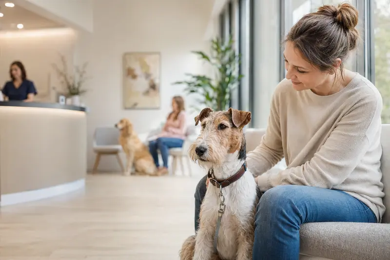 Ein Foxterrier sitzt ruhig neben seinem Besitzer im hellen Wartezimmer einer modernen Tierarztpraxis.